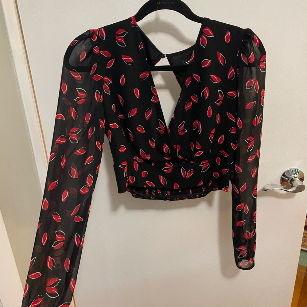 Express Red and Black Crop Blouse with Cutout